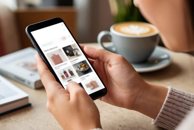 Woman's hands using a mobile phone to scroll through an e-commerce application while enjoying coffee at a cafe